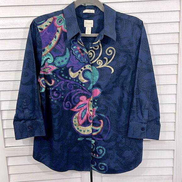Chico's No Iron Shirt Size 1 Size 8 Blue With Vibrant Paisley Print - Picture 3 of 16